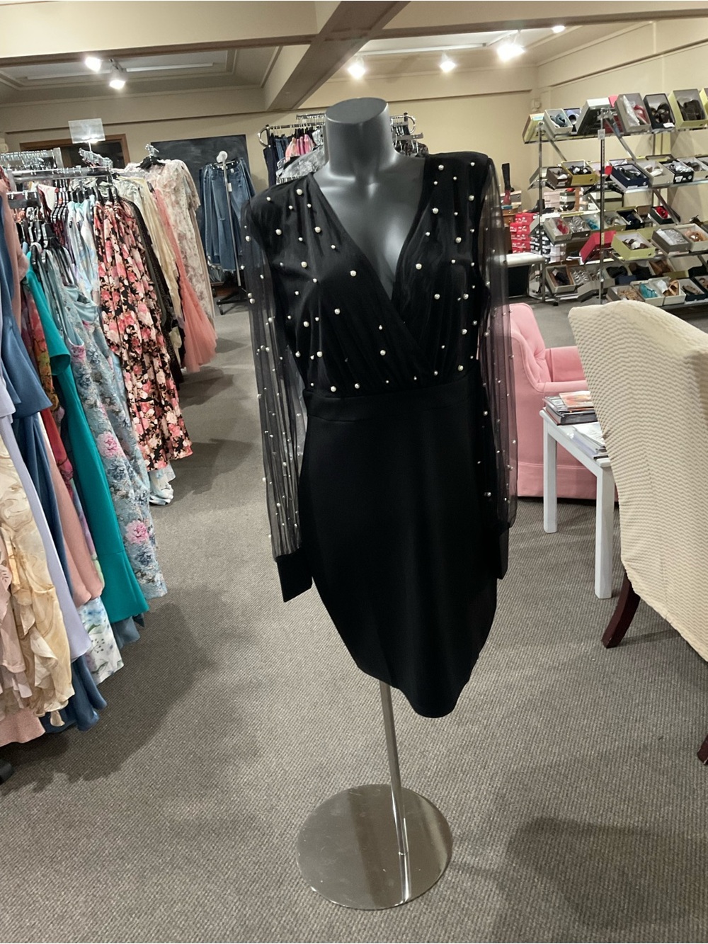 Symphony Black Pearl-Accent Long Sleeve Dress